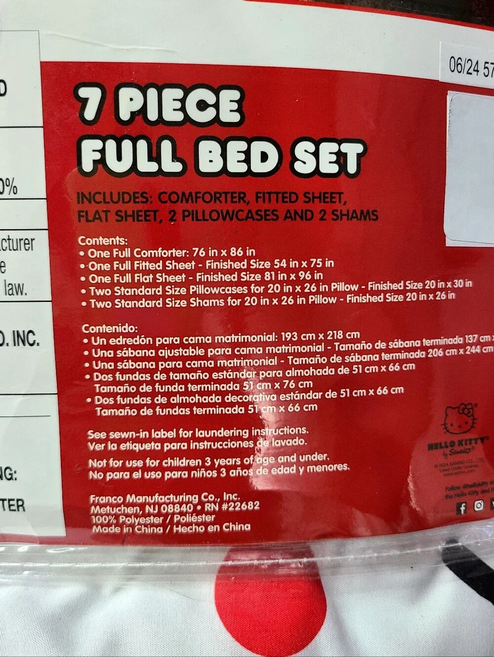 Hello Kitty Polka Dot 7 Piece Super Soft Comforter and Sheet Set Full Reversible